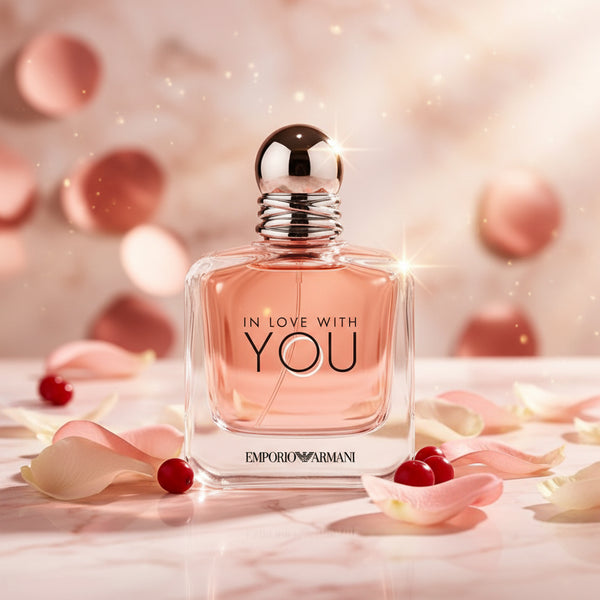 Emporio Armani In Love With You perfume bottle with pink liquid.