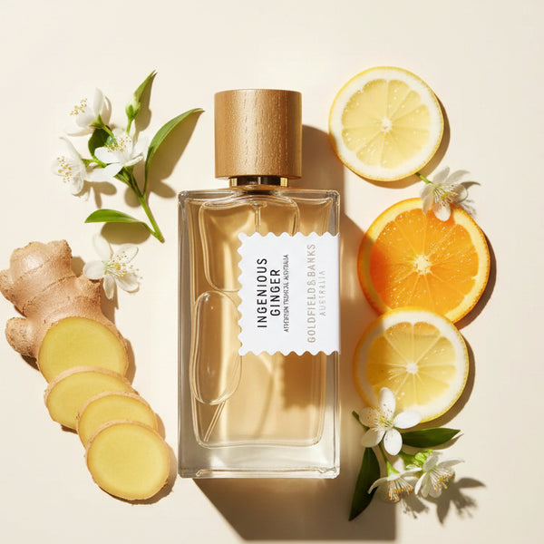 Goldfield & Banks Ingenious Ginger perfume bottle with a wooden cap.