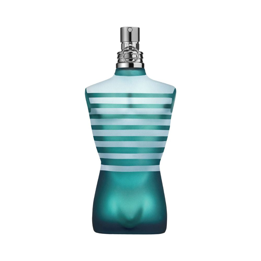 Le Male perfume bottle shaped like a torso with blue and white stripes.