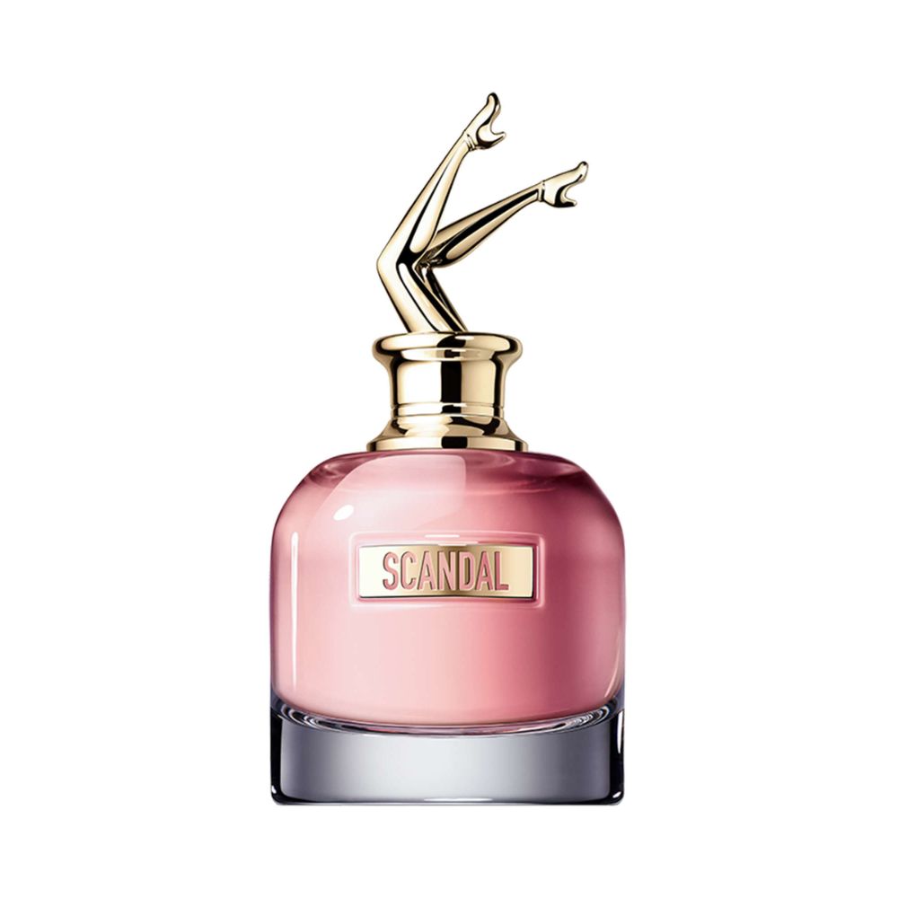 Jean Paul Gaultier Scandal perfume bottle with gold legs on top.