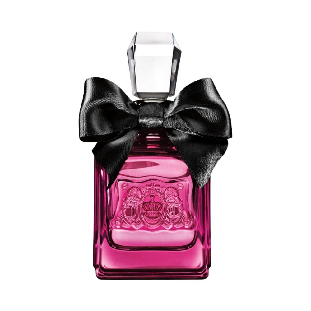 A pink perfume bottle with a black bow and a faceted clear cap.