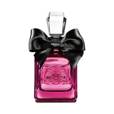 A pink perfume bottle with a black bow and a faceted clear cap.