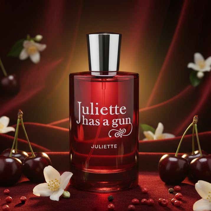 Juliette has a gun perfume bottle with silver cap and red glass.