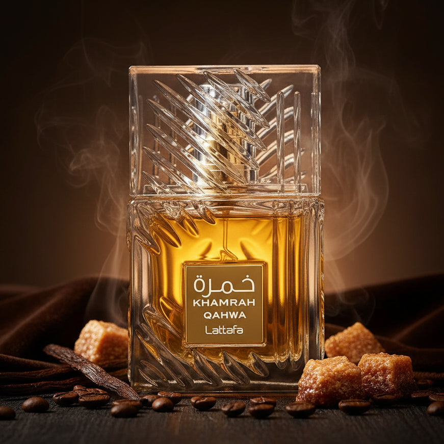 A square glass bottle of golden Lattafa Khamrah Qahwa perfume with a textured cap.