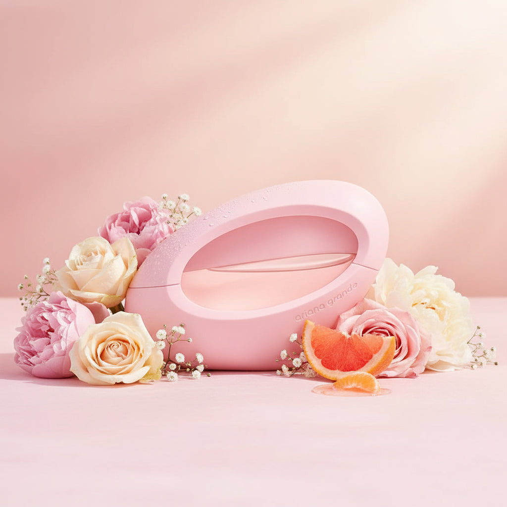 A pink, oval-shaped perfume bottle with 