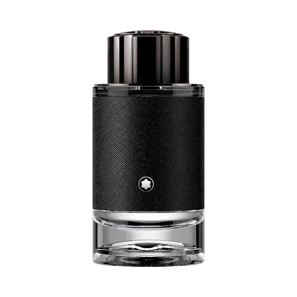 Montblanc Explorer fragrance bottle with black textured body and clear glass base.