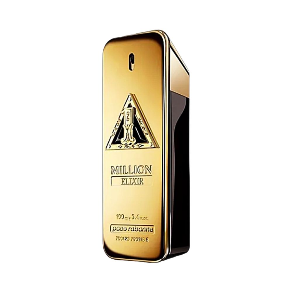1 Million Elixir perfume bottle, gold ingot shaped with black accents.