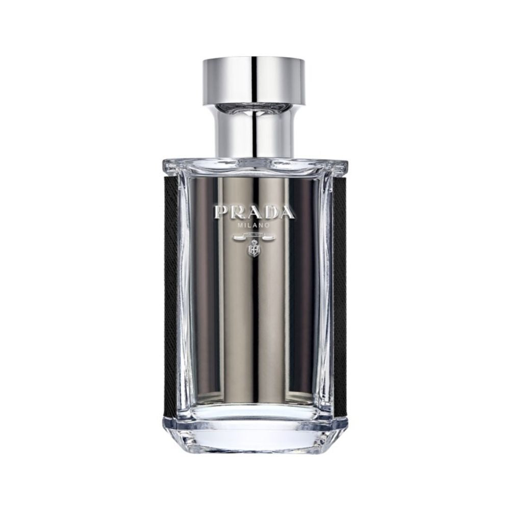 Prada L'Homme fragrance bottle with silver accents and black trim.
