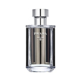 Prada L'Homme fragrance bottle with silver accents and black trim.