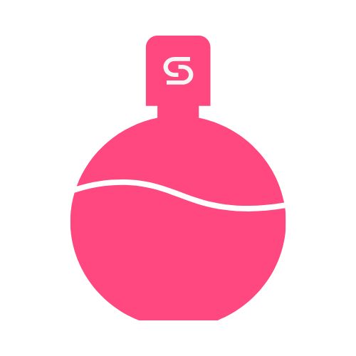 Pink perfume bottle with a white wave line and an S logo on the cap.