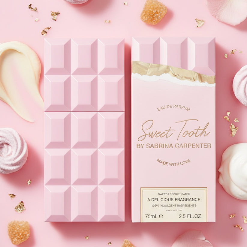 Pink chocolate bar-shaped perfume bottle with 
