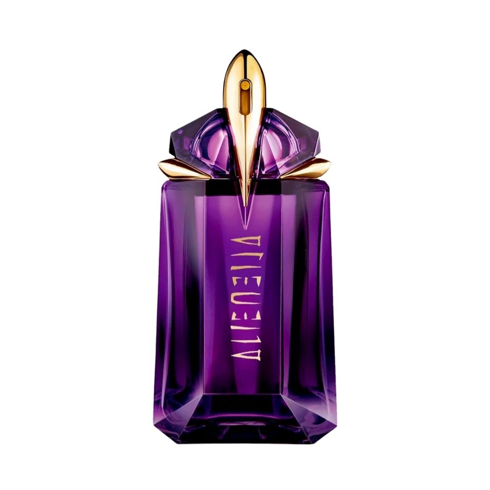 A purple glass bottle of Thierry Mugler Alien perfume with gold accents.