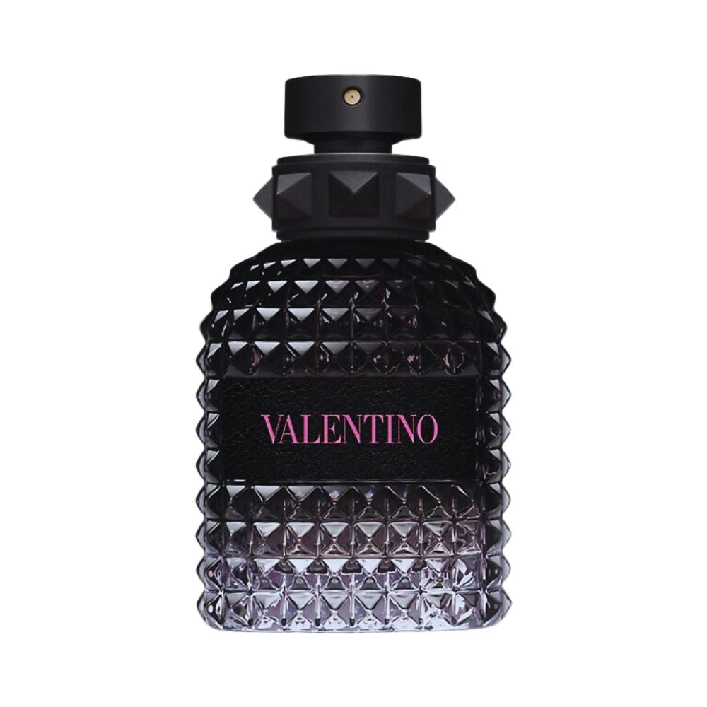 Valentino Uomo Born In Roma fragrance bottle with a black studded design.