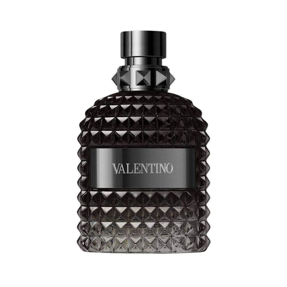 Valentino Uomo Intense Eau de Parfum bottle with a textured dark gray bottle and silver label.