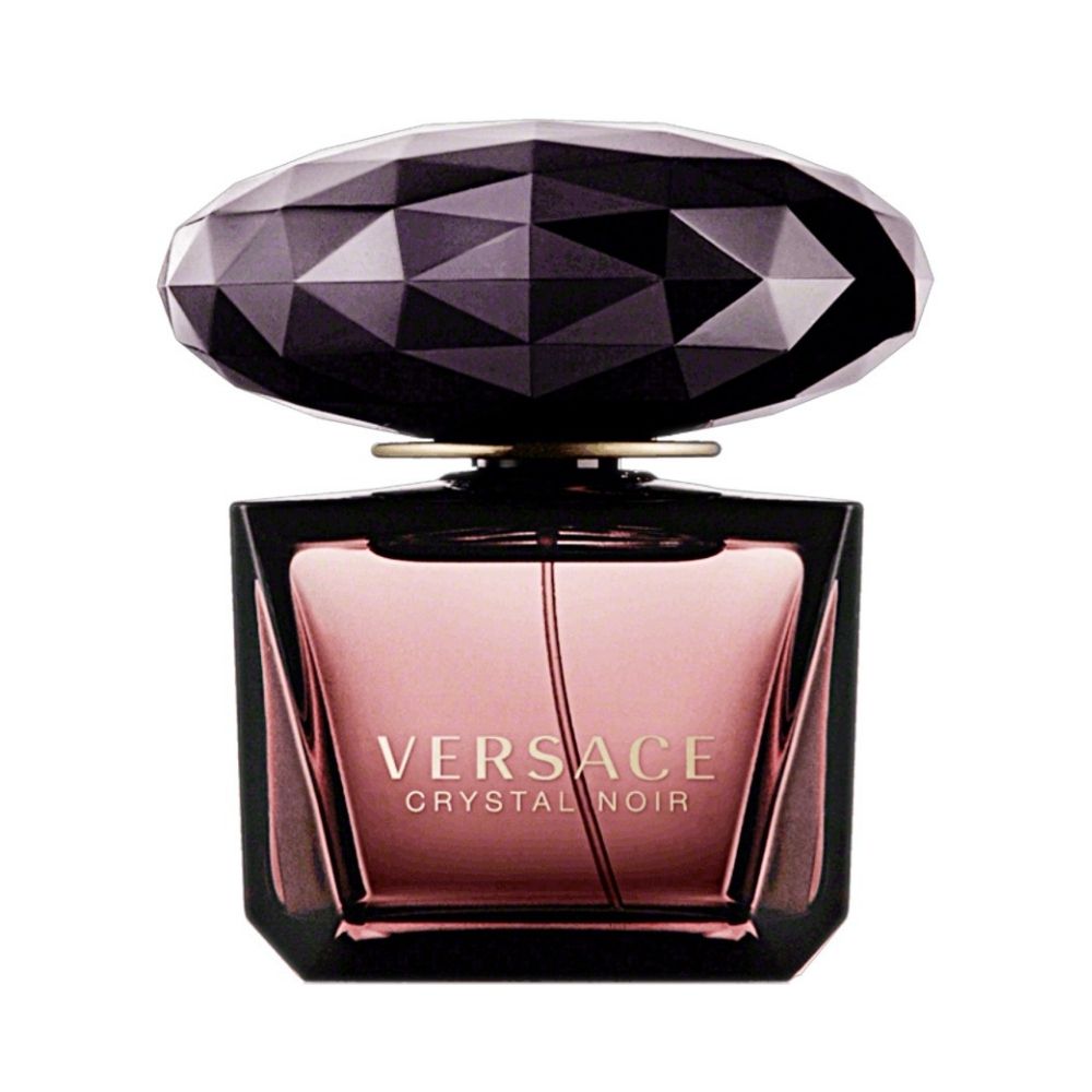 Versace Crystal Noir perfume bottle with a faceted dark purple cap and pink liquid.