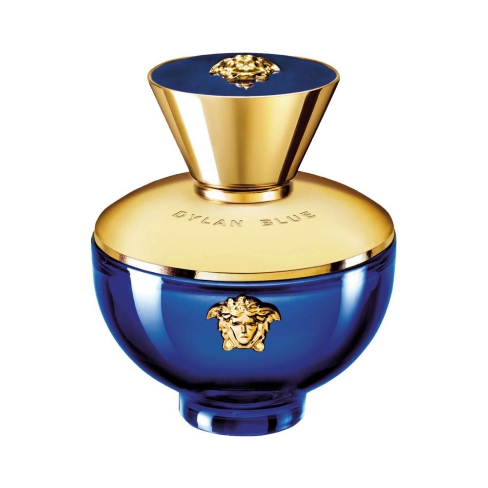 Versace Dylan Blue pour Femme perfume bottle with gold accents.