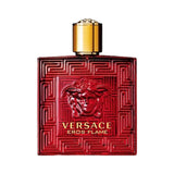 Versace Eros Flame red glass bottle with gold cap.