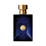 Versace Dylan Blue pour homme fragrance bottle with gold cap and Medusa emblem.