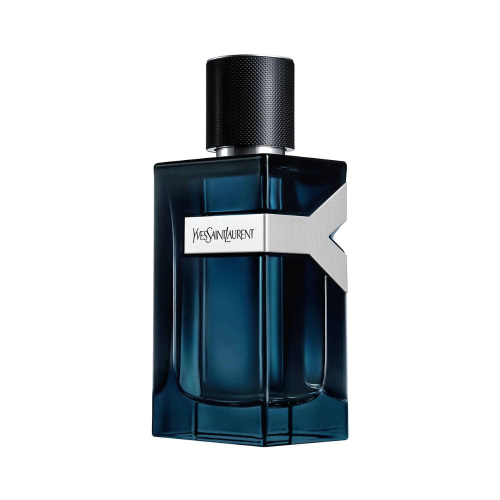 YSL Y Eau de Parfum Intense fragrance bottle with a blue glass bottle and silver accent.
